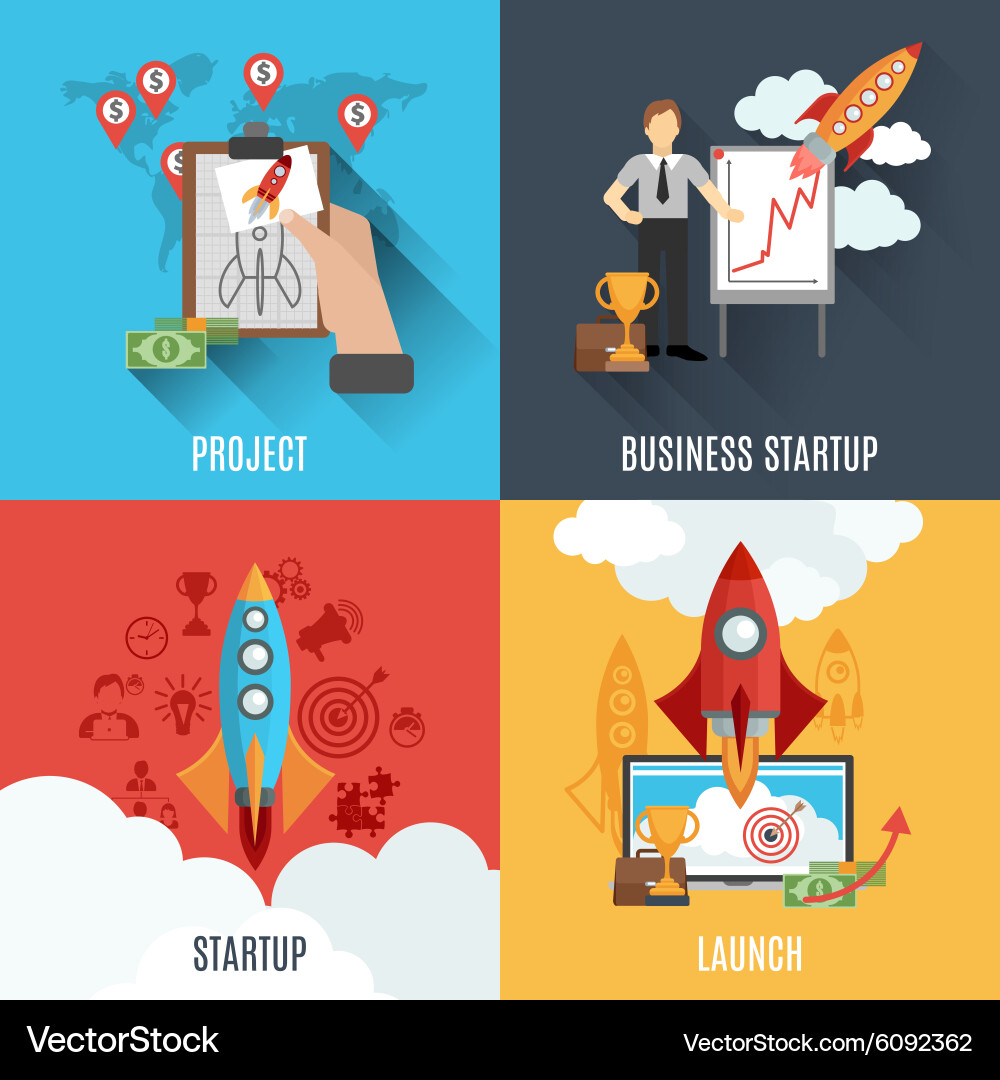 Rocket startup flat square composition poster Vector Image