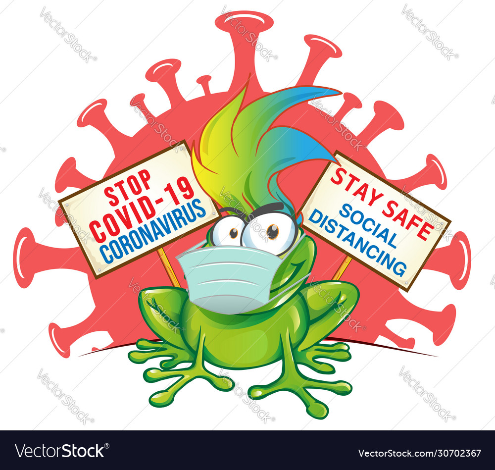 Frog cartoon with mask on signboard against Vector Image