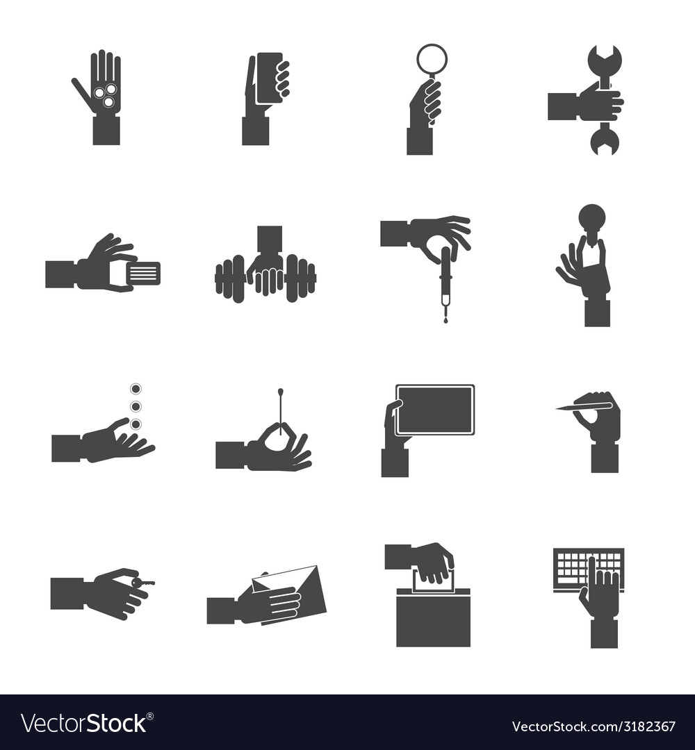 Hand holding objects black set Royalty Free Vector Image