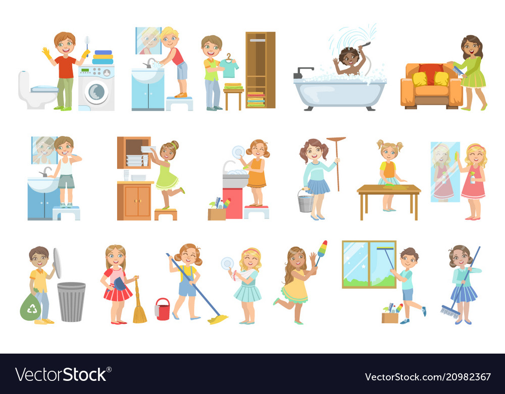 Kids doing a home cleanup Royalty Free Vector Image