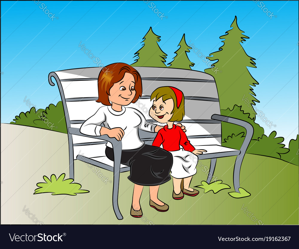 Smiling Mother And Daughter Sitting On Bench At Vector Image