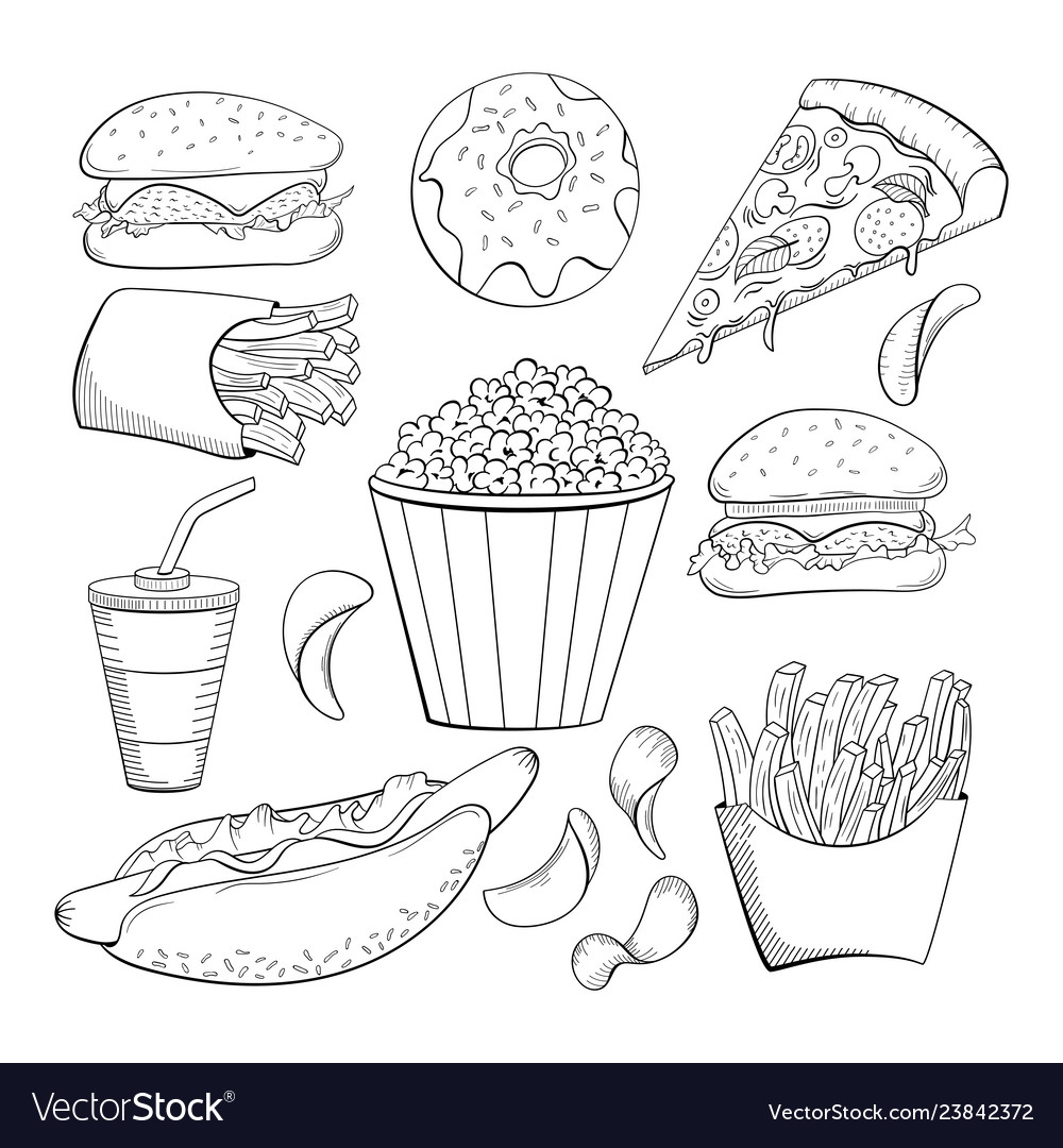 Doodle style various fast foods collection Vector Image