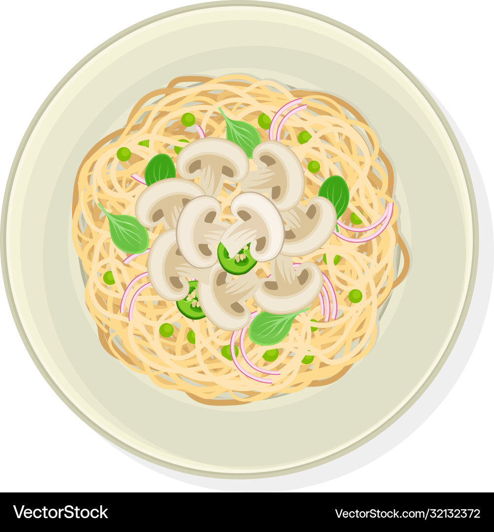 Vegetarian spaghetti with mushrooms and greenery Vector Image