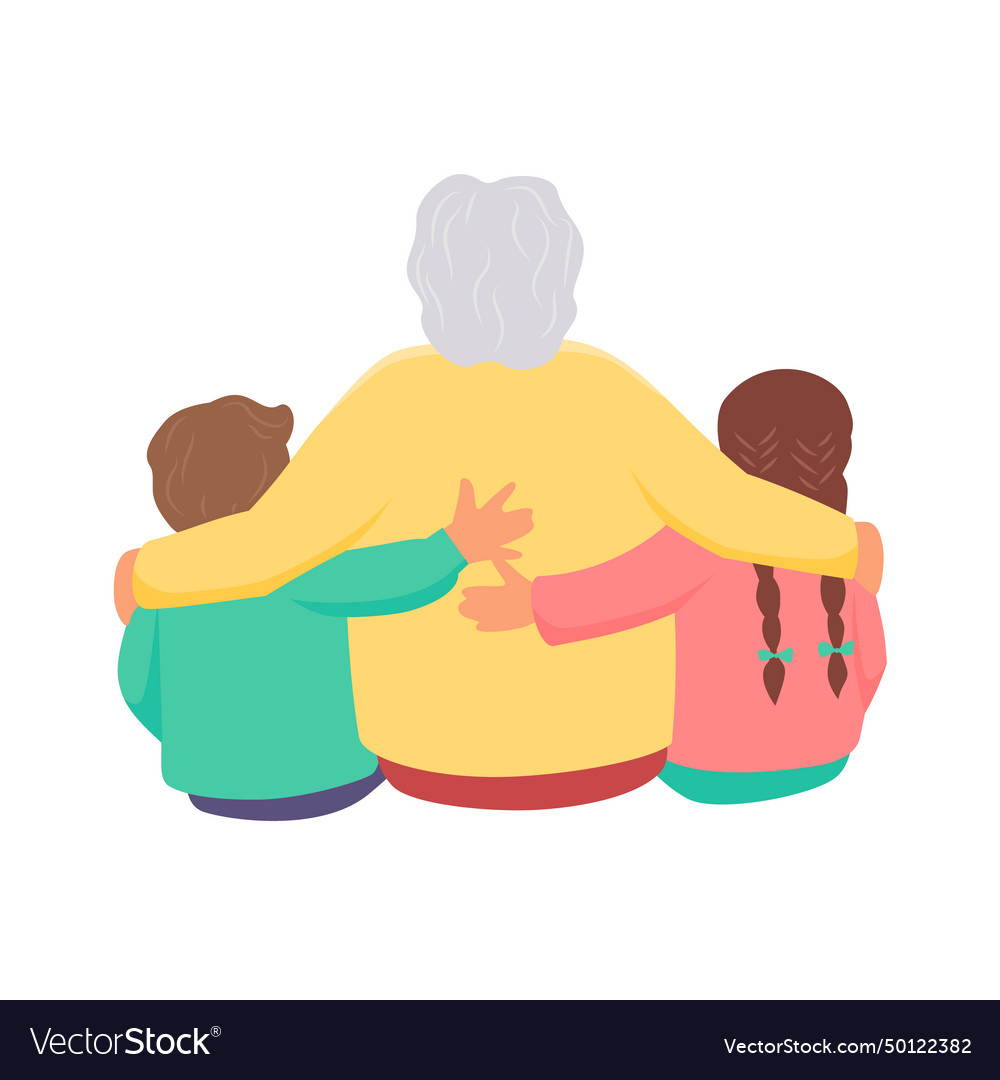 Grandmother hugging granddaughter and grandson