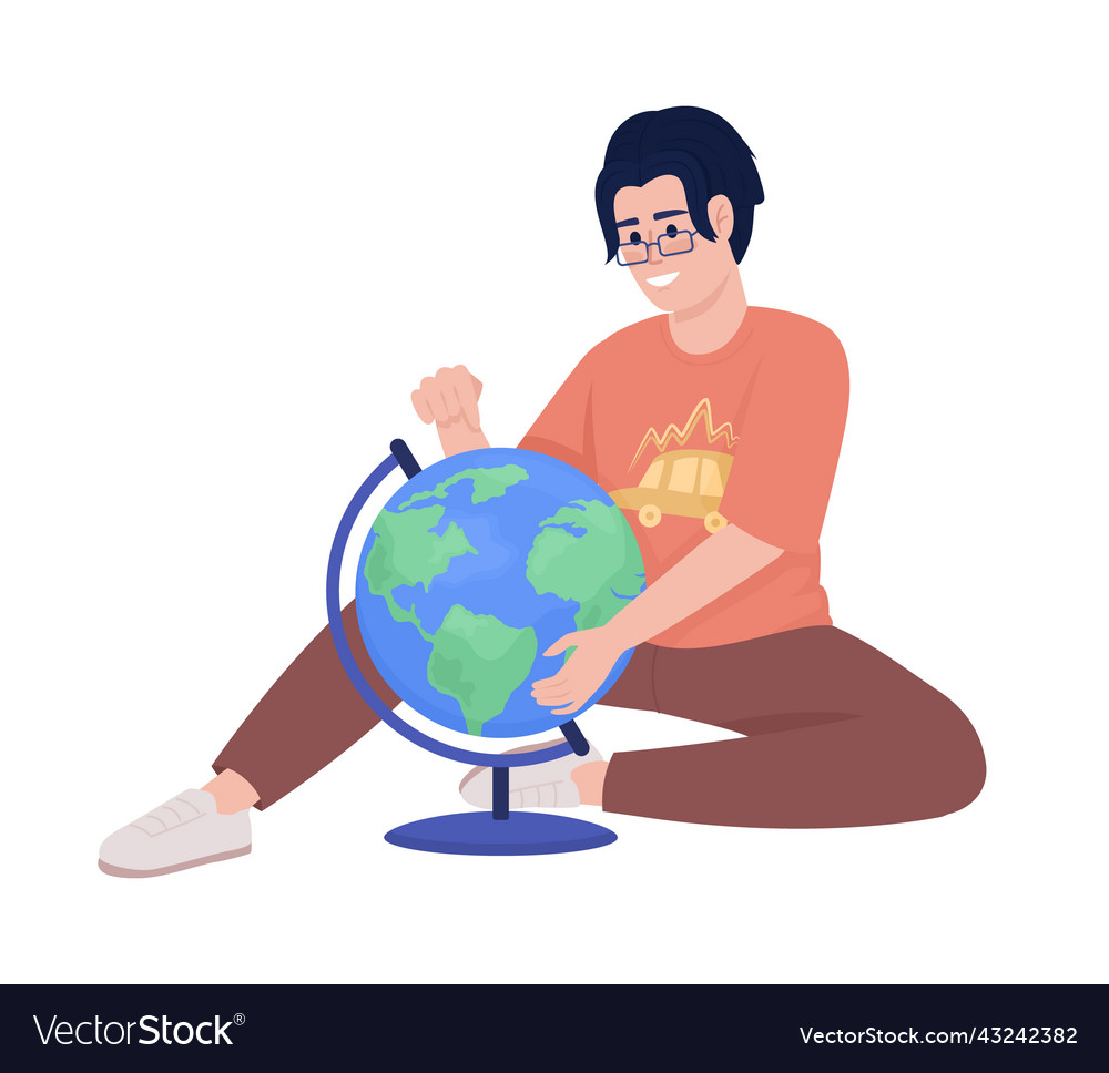 Smiling boy studying world globe semi flat color Vector Image