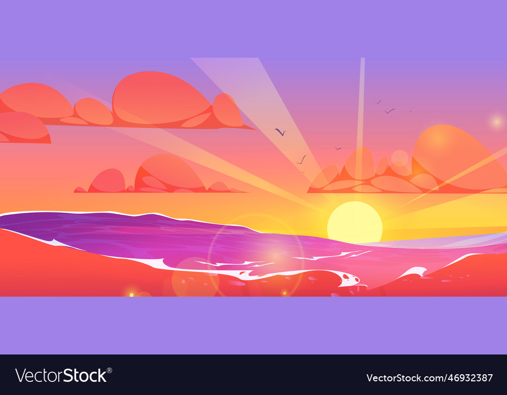 Cartoon seascape with sunset on horizon Royalty Free Vector