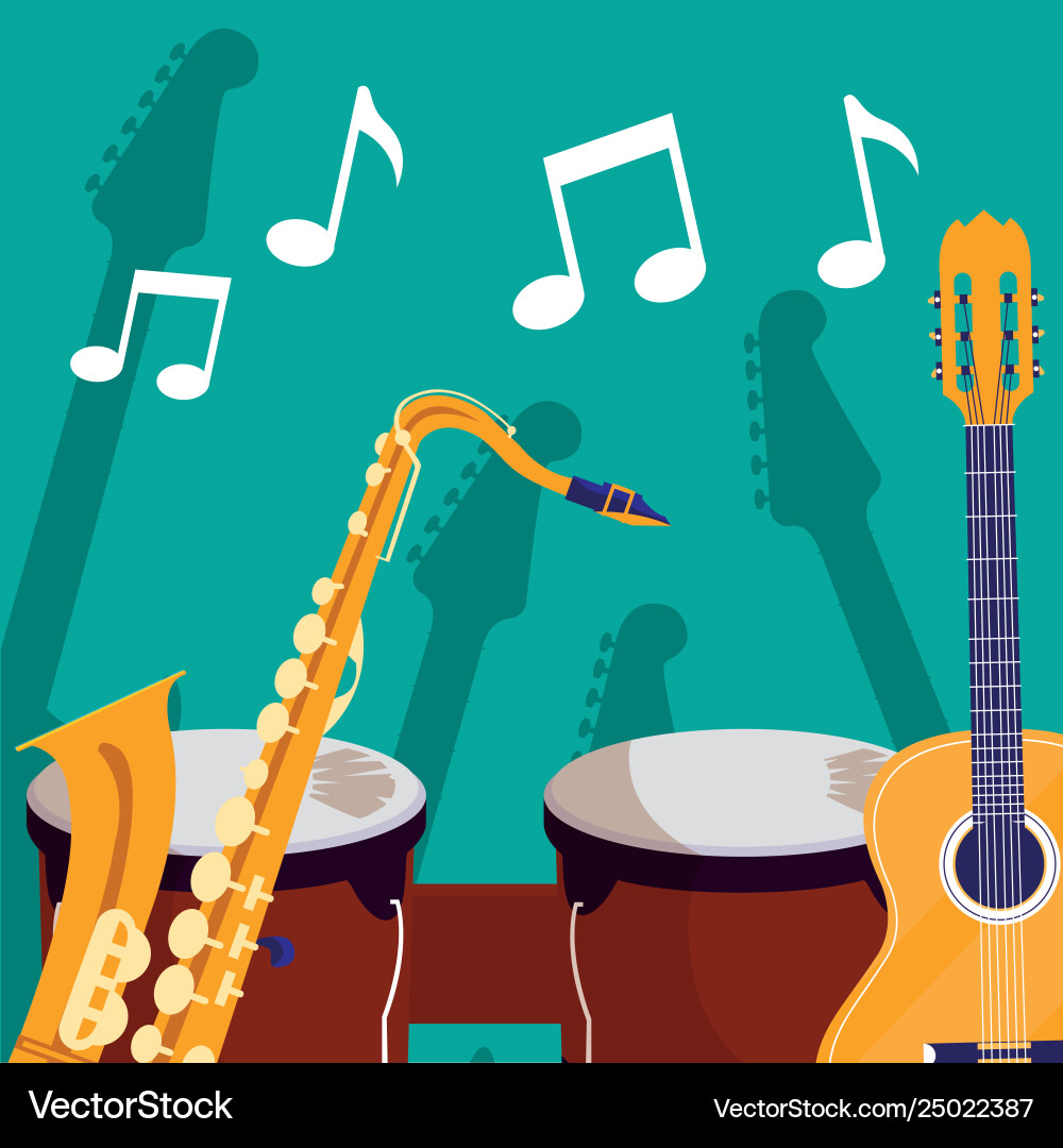 Guitar and timbals instruments musical Royalty Free Vector