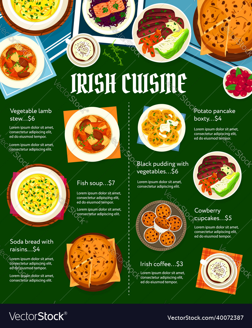 Irish Cuisine Menu With Ireland Food Meals Vector Image Irish Cuisine Menu With Ireland Food Meals Vector Image