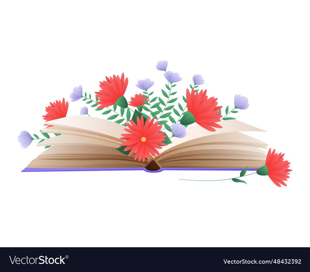 Open book with red and purple flowers Royalty Free Vector