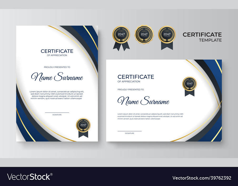 Premium gold and blue certificate of appreciation Vector Image