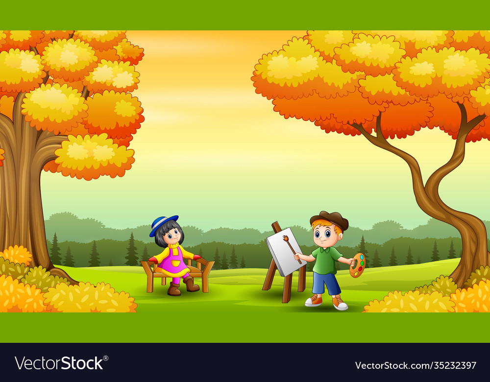 A boys paint girls in nature background Royalty Free Vector A boys paint girls in nature background Royalty Free Vector