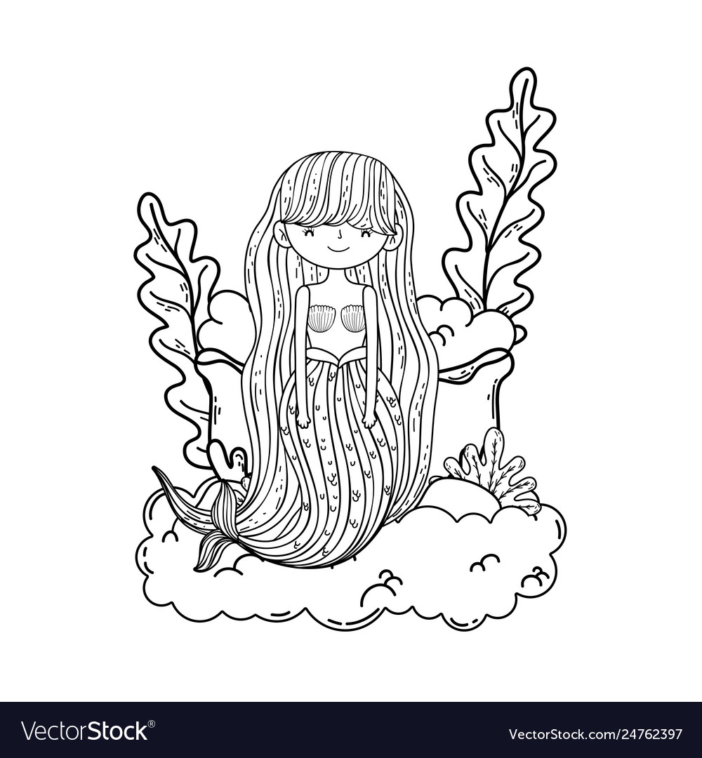 Beautiful Mermaid With Seaweed Fairytale Character