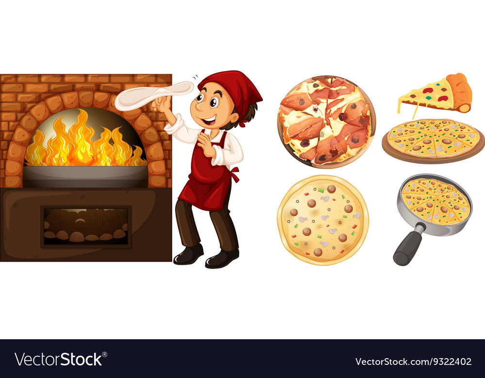 Chef making pizza at hot stove Royalty Free Vector Image