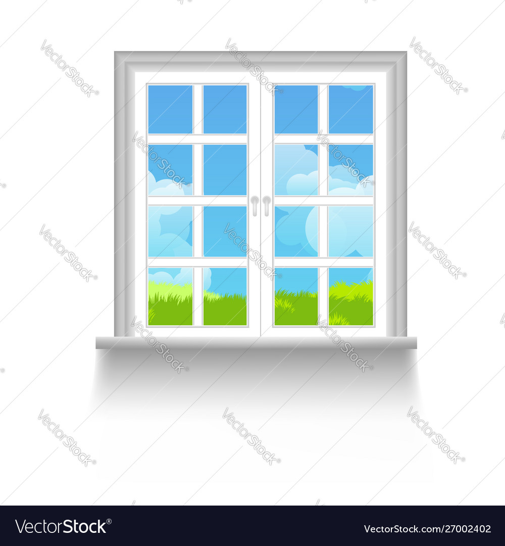 Window with sky clouds and grass outside Vector Image