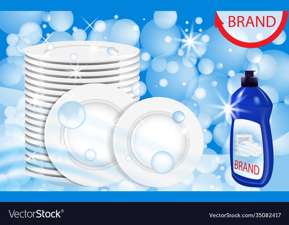 Dishwashing liquid products with plates stack Vector Image