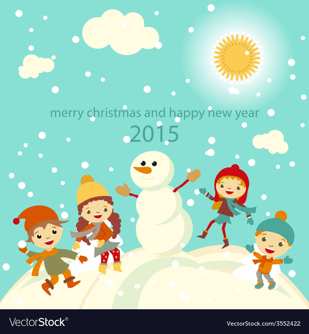 Happy kids playing with snow retro christmas card Vector Image