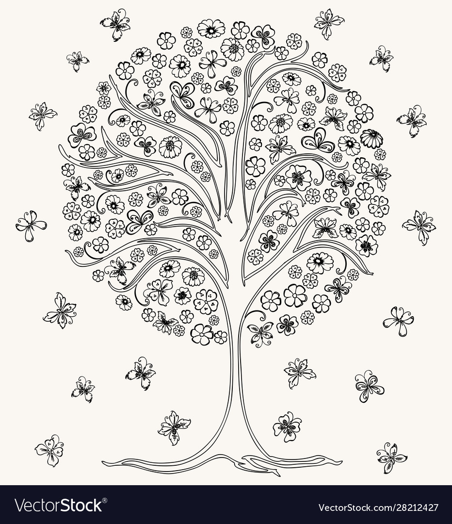 Image outlines blossoming tree with butterflies Vector Image