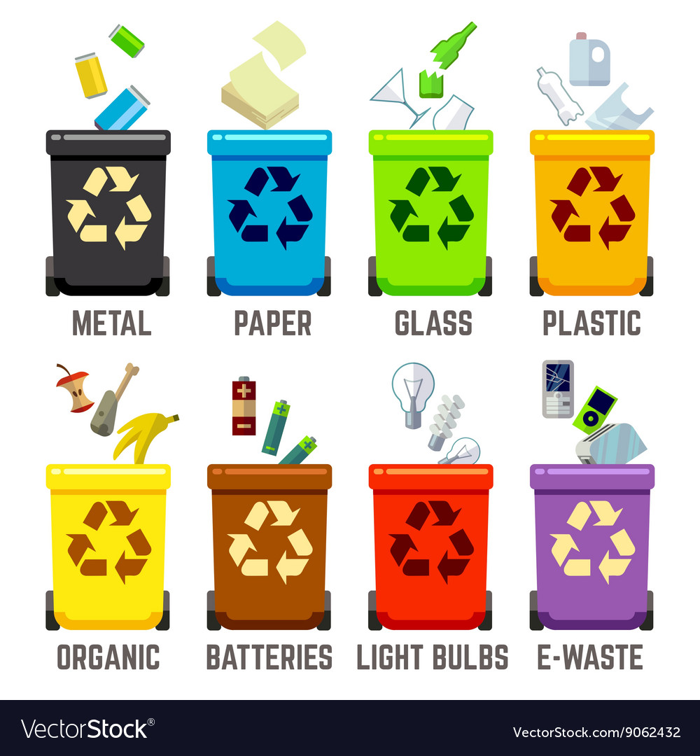 Recycle bins with different types of waste Vector Image