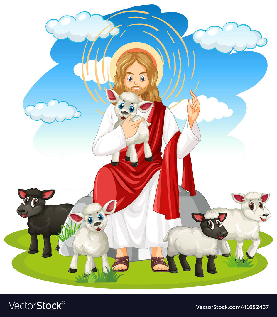 Jesus and animals in cartoon style Royalty Free Vector Image