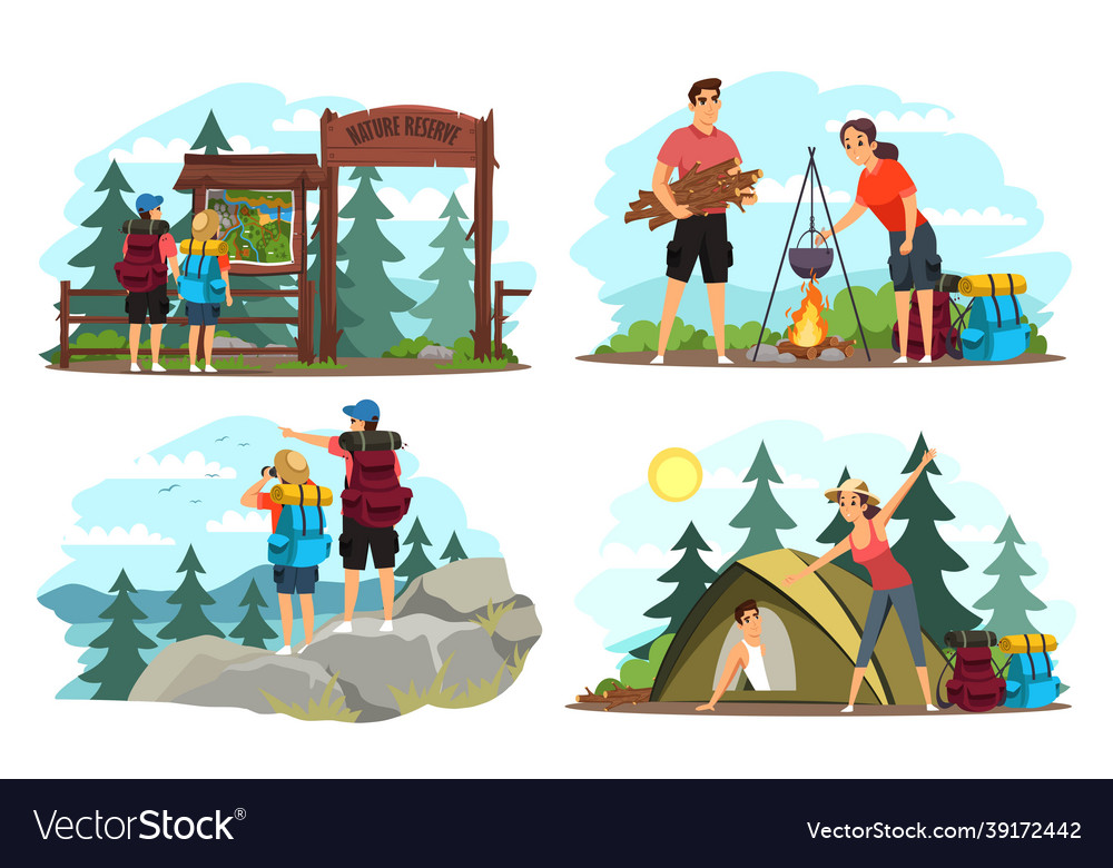 Couple camping set man and woman Royalty Free Vector Image