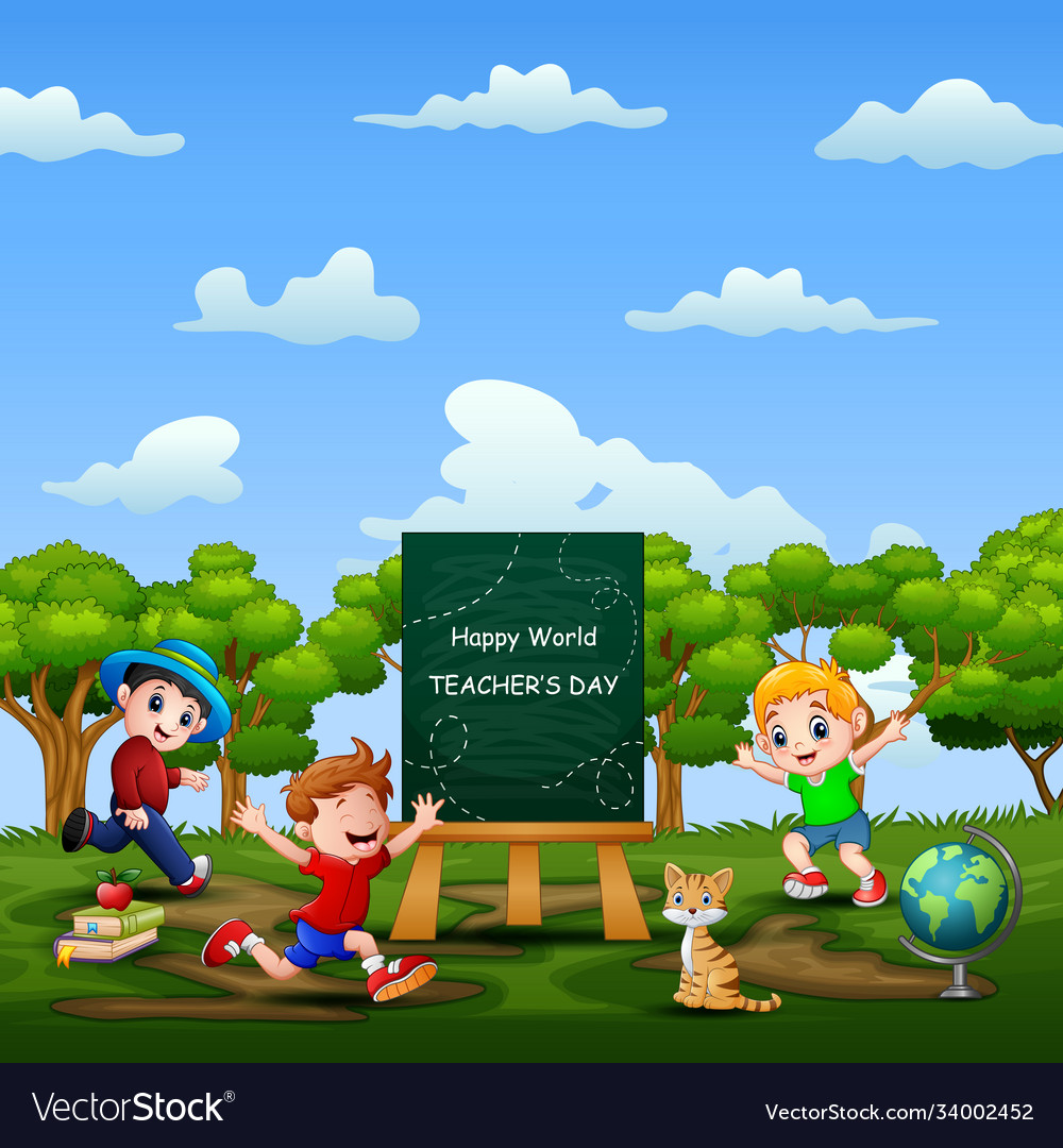 Happy world teacher day on sign with kids pl Vector Image