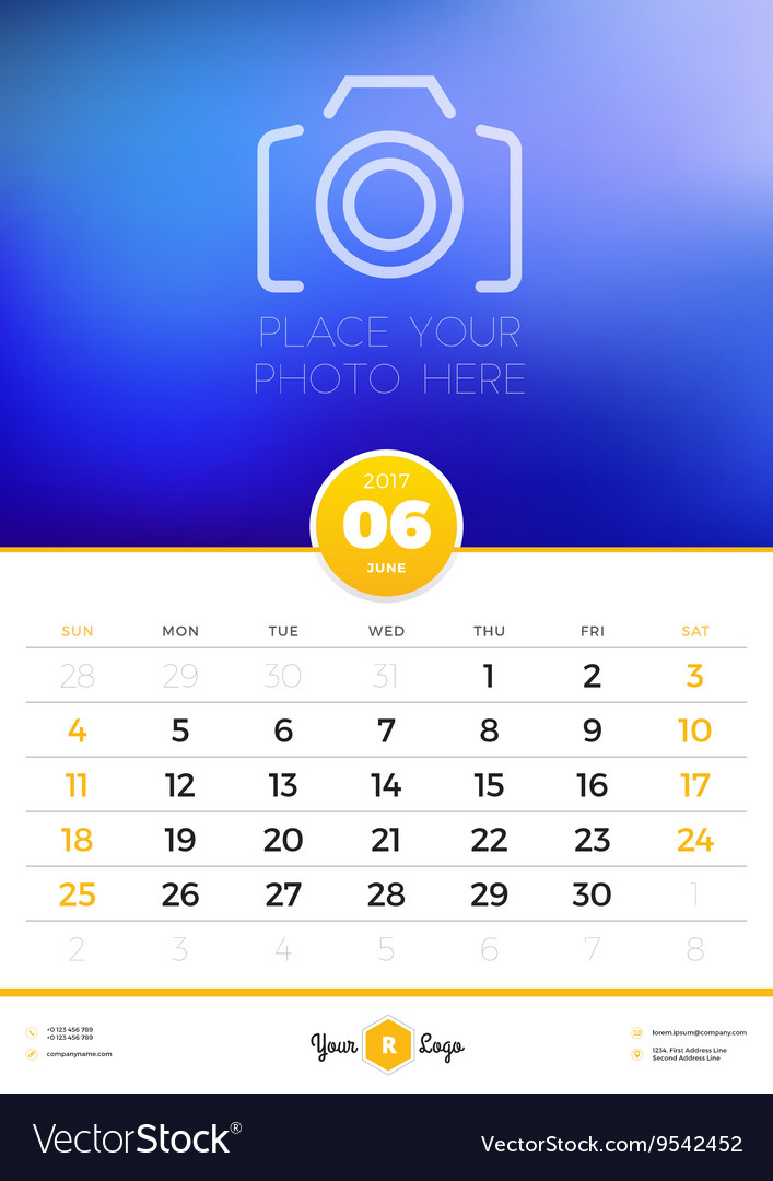 Wandkalender Vorlage für 2017 Jahr Juni Design
