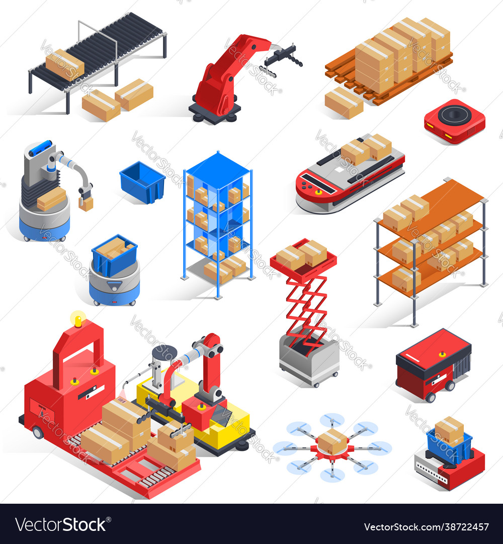 Warehouse robots icon set Royalty Free Vector Image