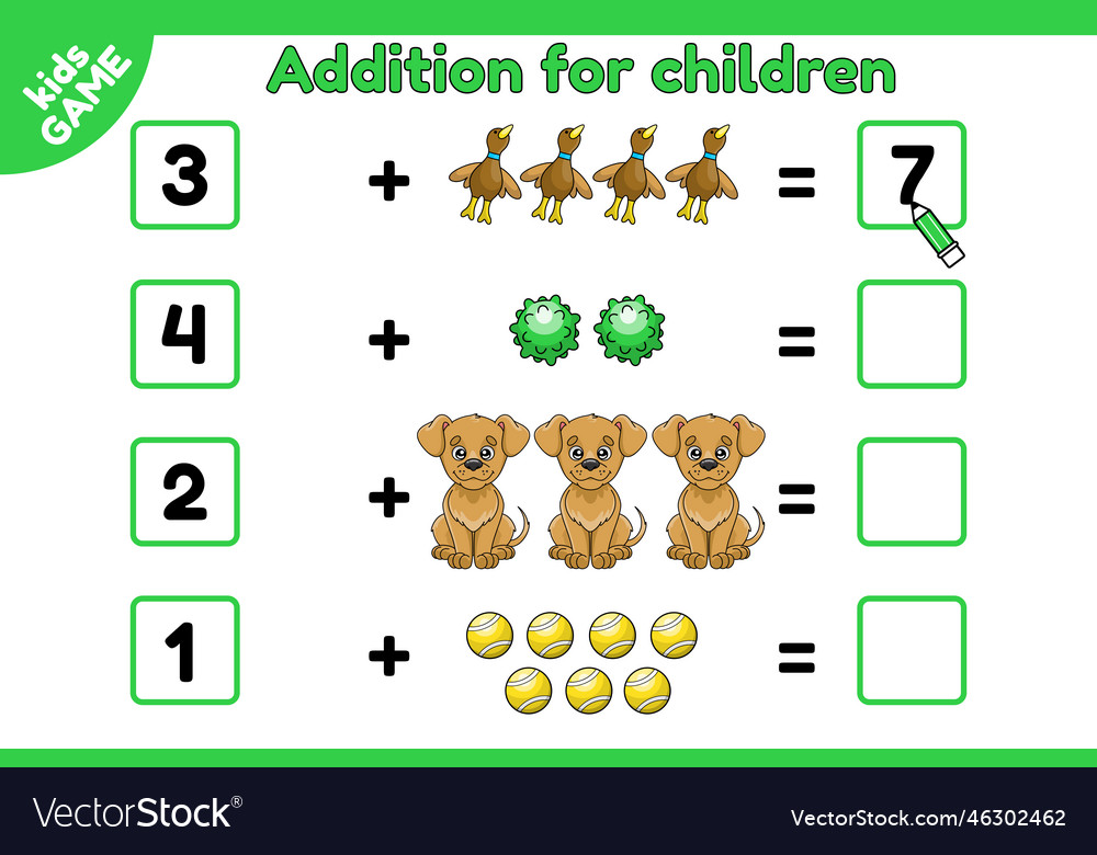 Addition For Children Math Game With Cartoon Dog Vector Image Addition For Children Math Game With Cartoon Dog Vector Image