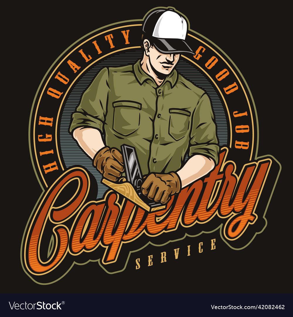 Carpenter man round colorful badge Royalty Free Vector Image