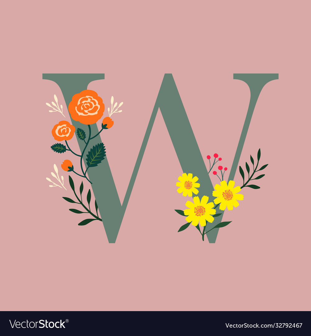 A botanical elements decorated capital w on dusty Vector Image