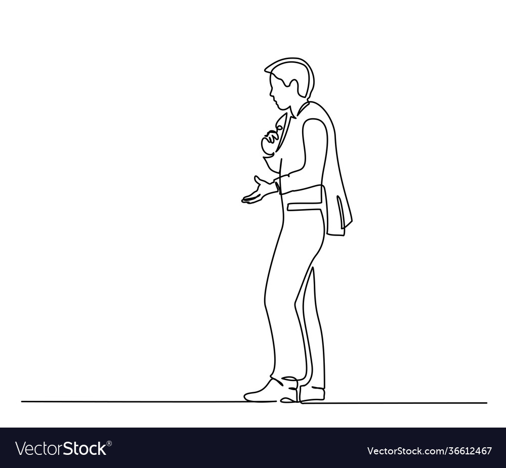 Standing man emotionally gesturing one line Vector Image