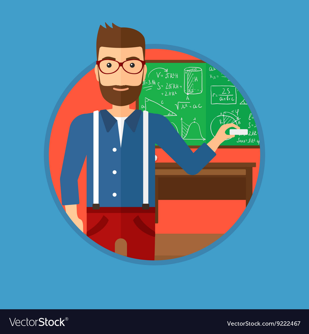 Teacher in front of blackboard with chalk in hand Vector Image