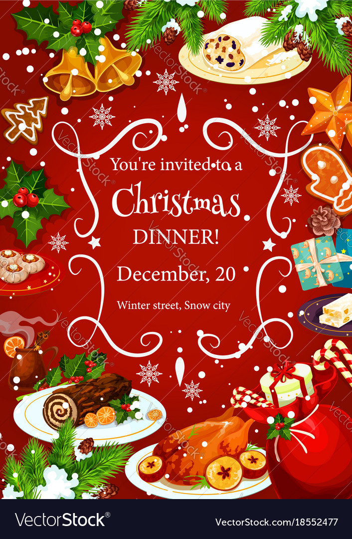 Christmas Dinner Invitation With Festive Dishes Vector Image