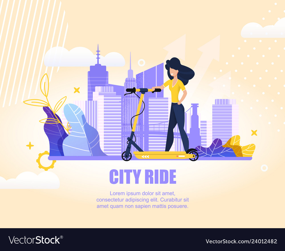 Flat Banner Sports Girl On Scooter In City Ride Vector Image