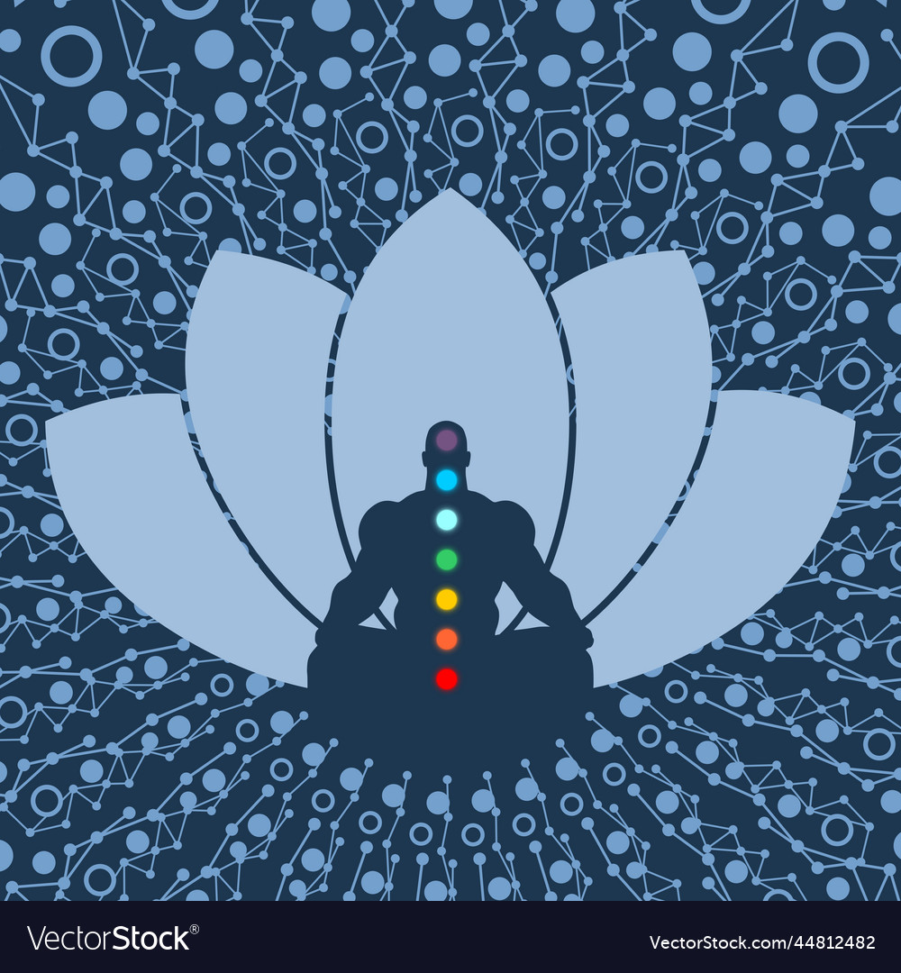 Muscular man sit in meditation pose with colored Vector Image