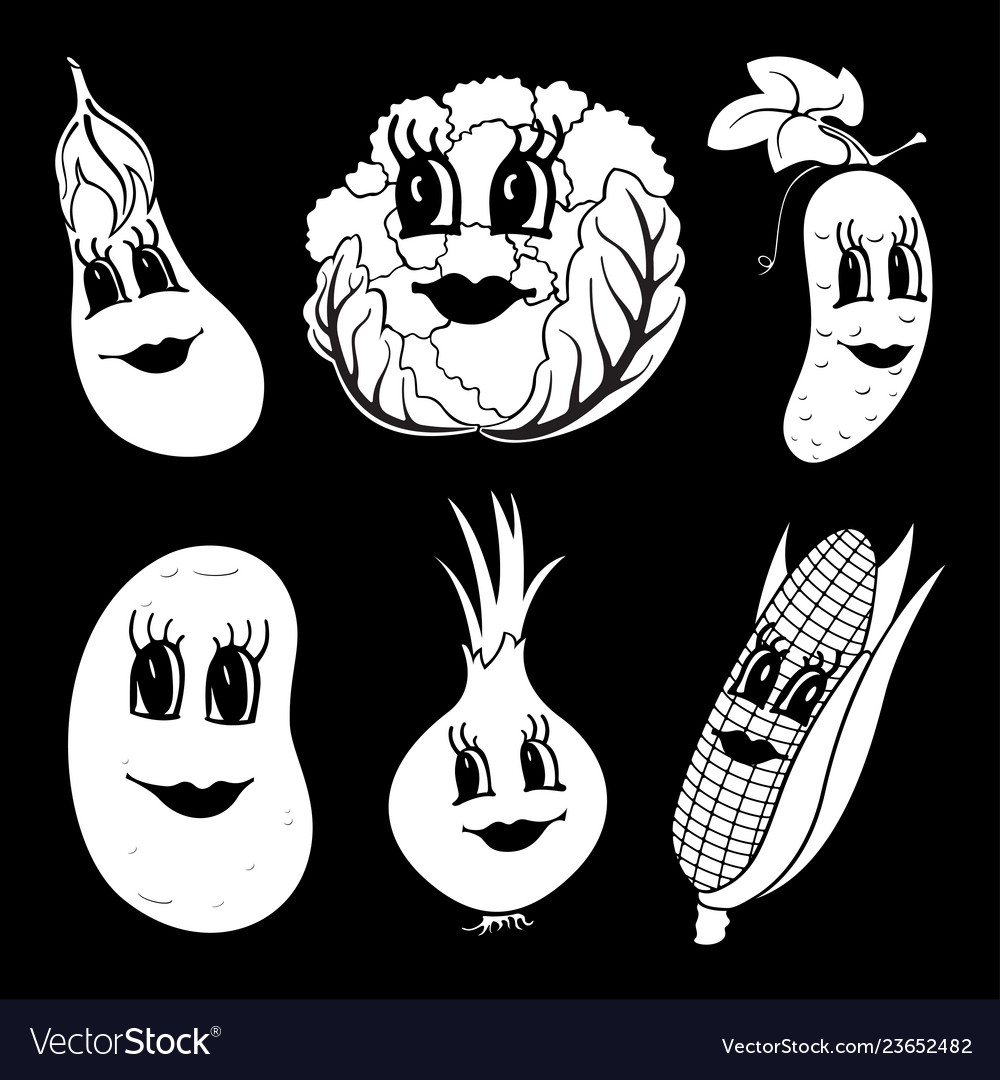 Set of 6 black and white funny cartoon vegetables