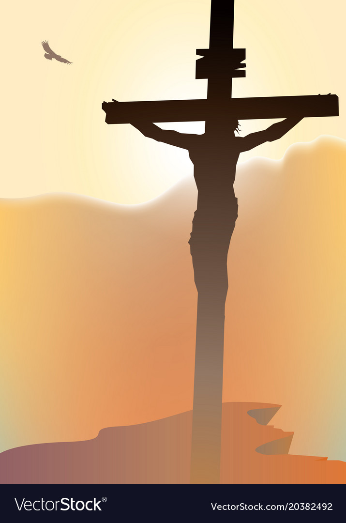 Cross with crucified jesus christ in sunset Vector Image