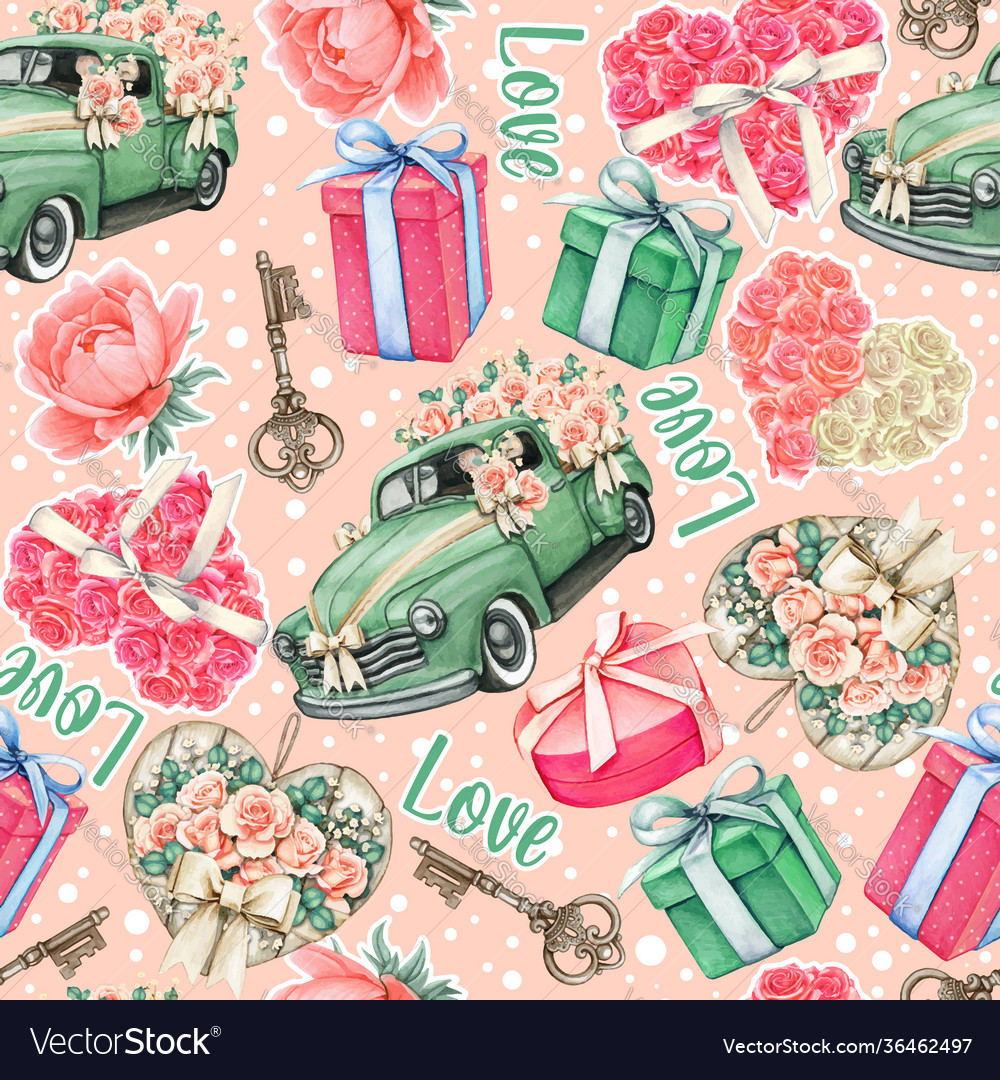 Wedding pink watercolor pattern cars roses vector image Wedding pink watercolor pattern cars roses