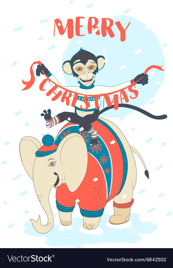 Funny merry christmas card with monkey riding Vector Image