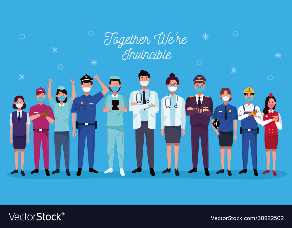 Group Workers Using Face Masks And Together We Vector Image