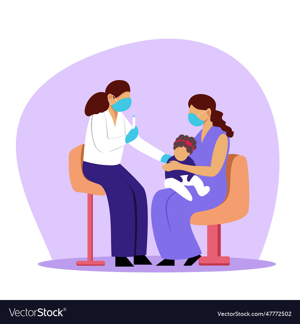 Medic Sitting Near Mother With Little Girl Vector Image