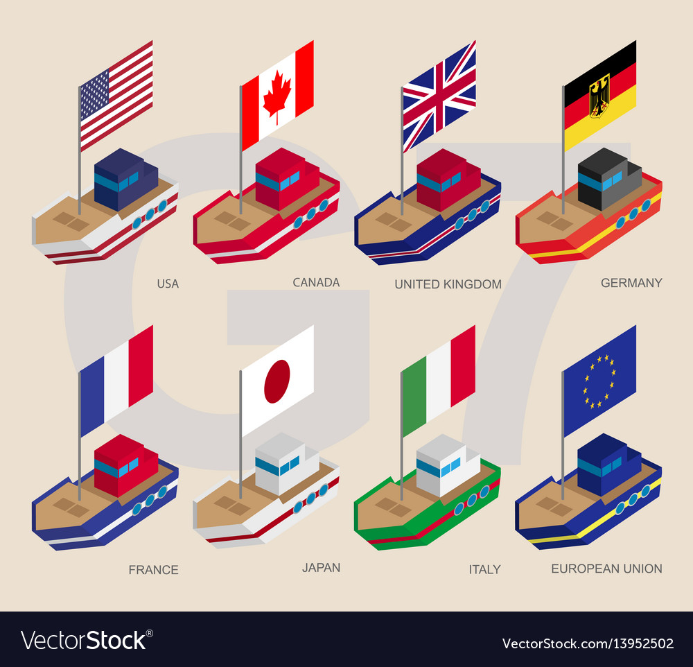 Set of isometric ships with flags of g7 and eu Vector Image