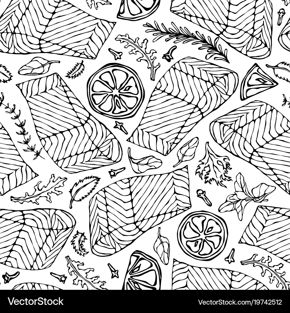 Seamless pattern salmon fillet lemon Royalty Free Vector