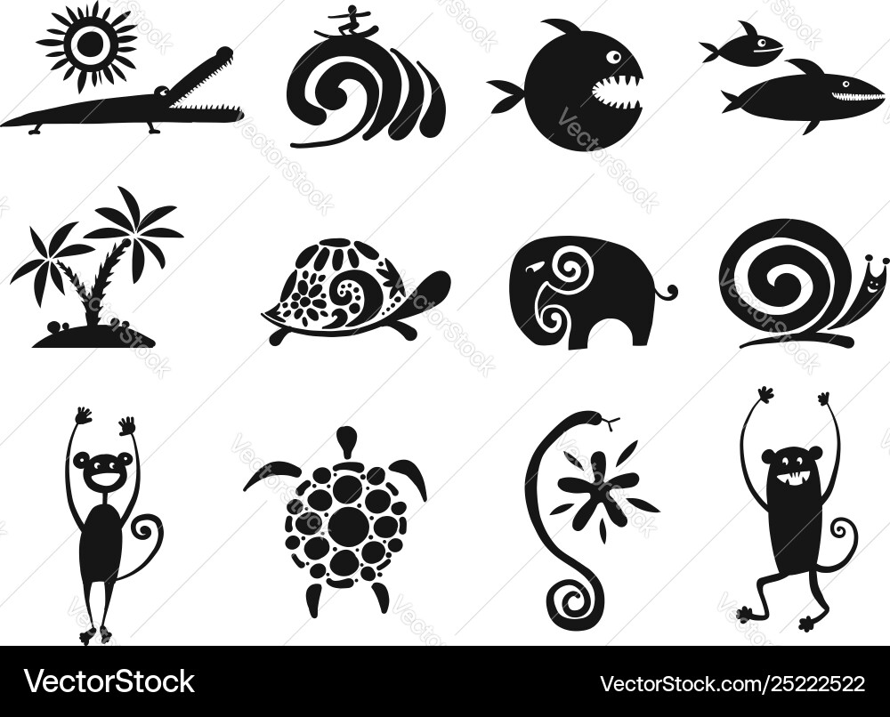Funny animals collection black silhouette Vector Image