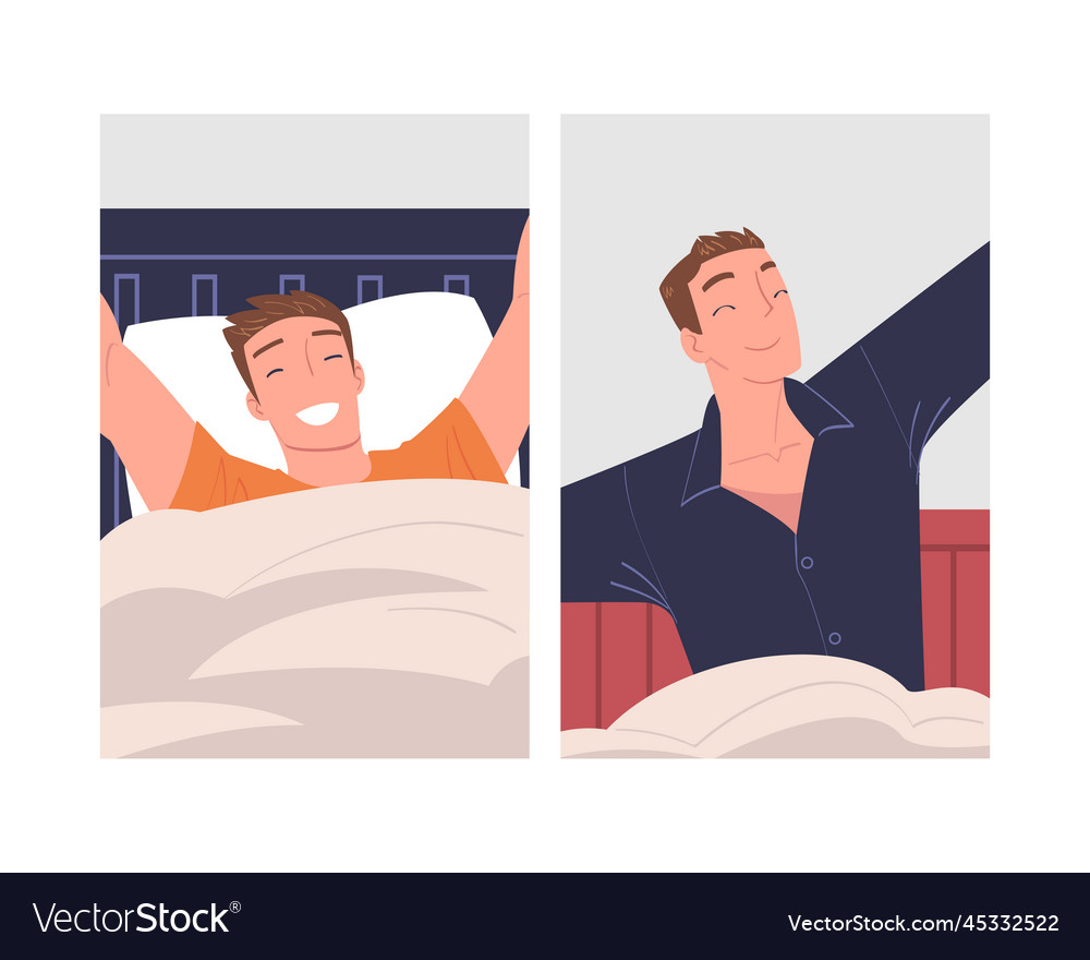 Man Character Waking Up Feeling Happy Stretching Vector Image 0058