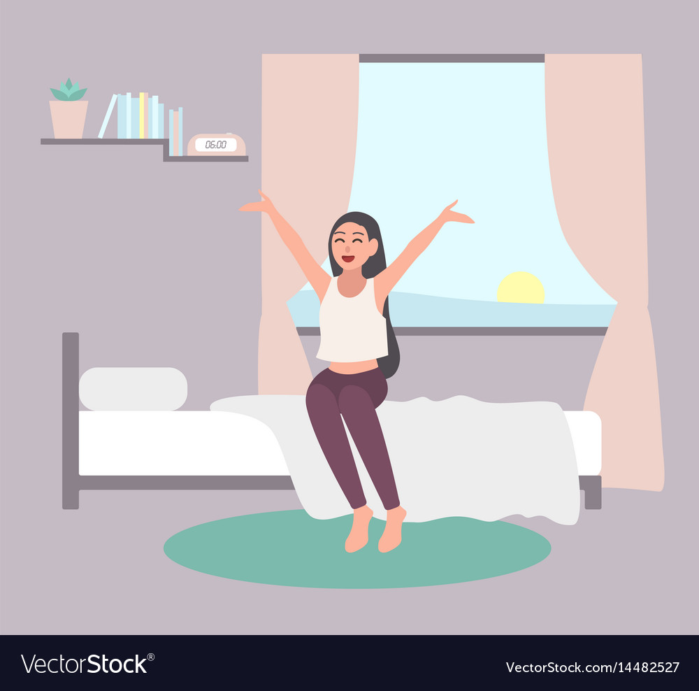 Wake up early concept happy girl get out of bed Vector Image