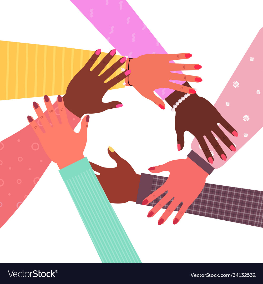 Hands mix race group women putting together Vector Image