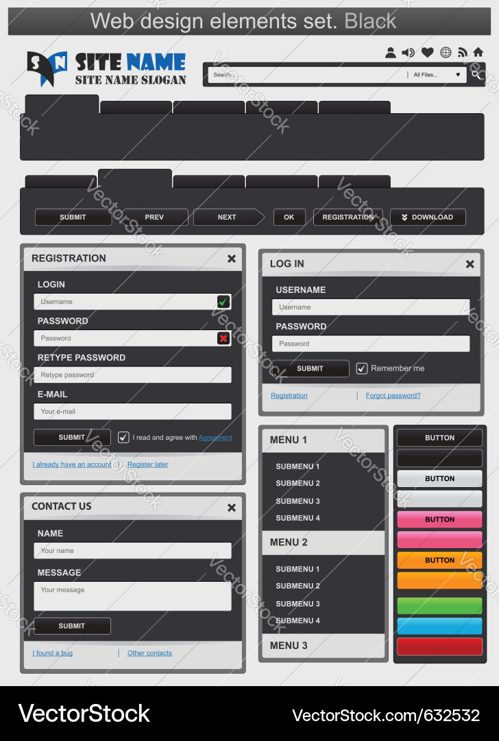Web design elements set black Royalty Free Vector Image