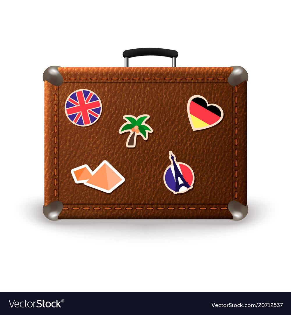 Vintage retro suitcase with travel stickers Vector Image