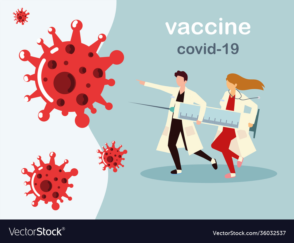 Woman and man doctors holds big syringe Royalty Free Vector